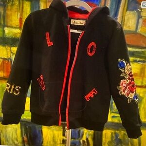 Black Hoodie with Red Accents and Floral Embroidery